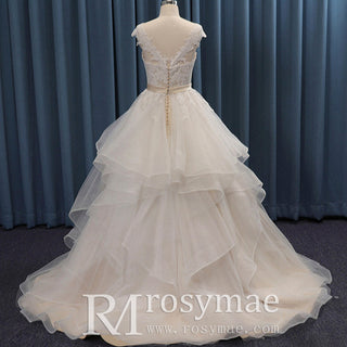 Capped Sleeve Ruched Organza and Tulle ballgown Wedding Dress