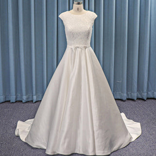 High Boat Neck Cap Sleeve A-line Satin Wedding Dress High Back