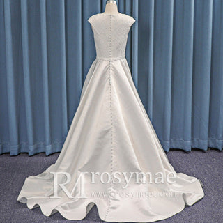 High Boat Neck Cap Sleeve A-line Satin Wedding Dress High Back