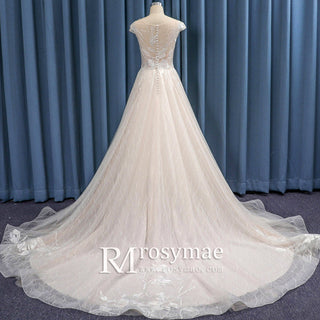 Sheer Bodice and Neckline Floral Lace Tulle A-line Wedding Dress