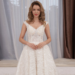 Cap Sleeve Double V A-line Lace Wedding Dress with Royal Train - Rosymae
