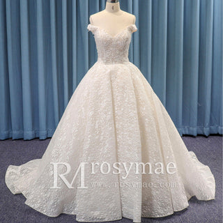 Cap Sleeve Double V A-line Lace Wedding Dress with Royal Train - Rosymae