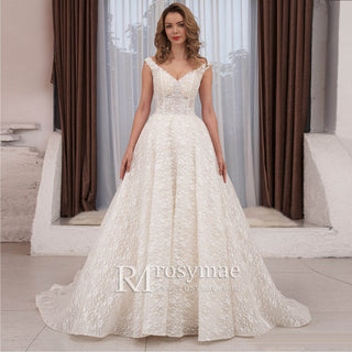 Cap Sleeve Double V A-line Lace Wedding Dress with Royal Train - Rosymae