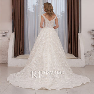 Cap Sleeve Double V A-line Lace Wedding Dress with Royal Train - Rosymae