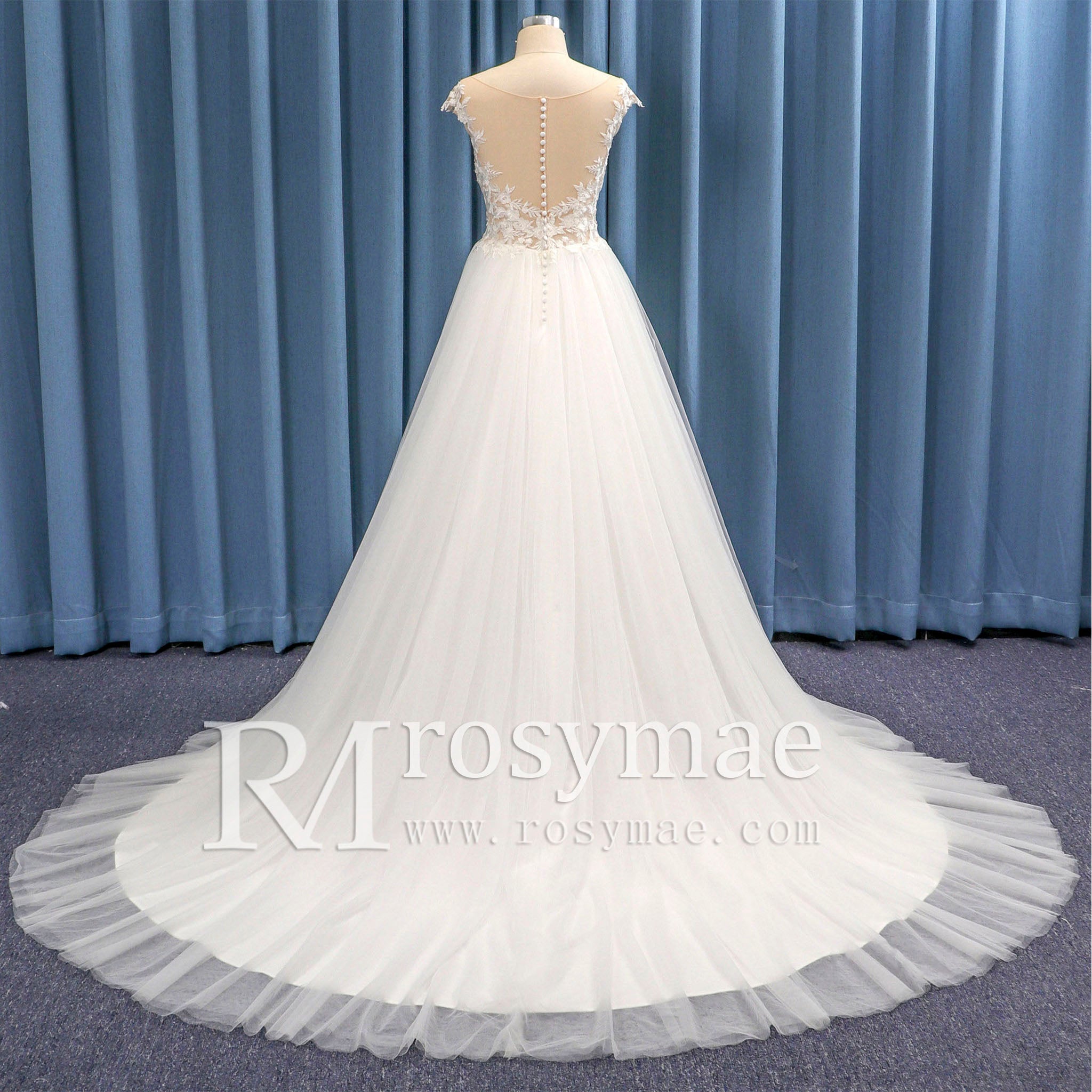 Cap Sleeve Floral Lace and Tulle A-line Wedding Dress Sheer Bodice - Rosymae