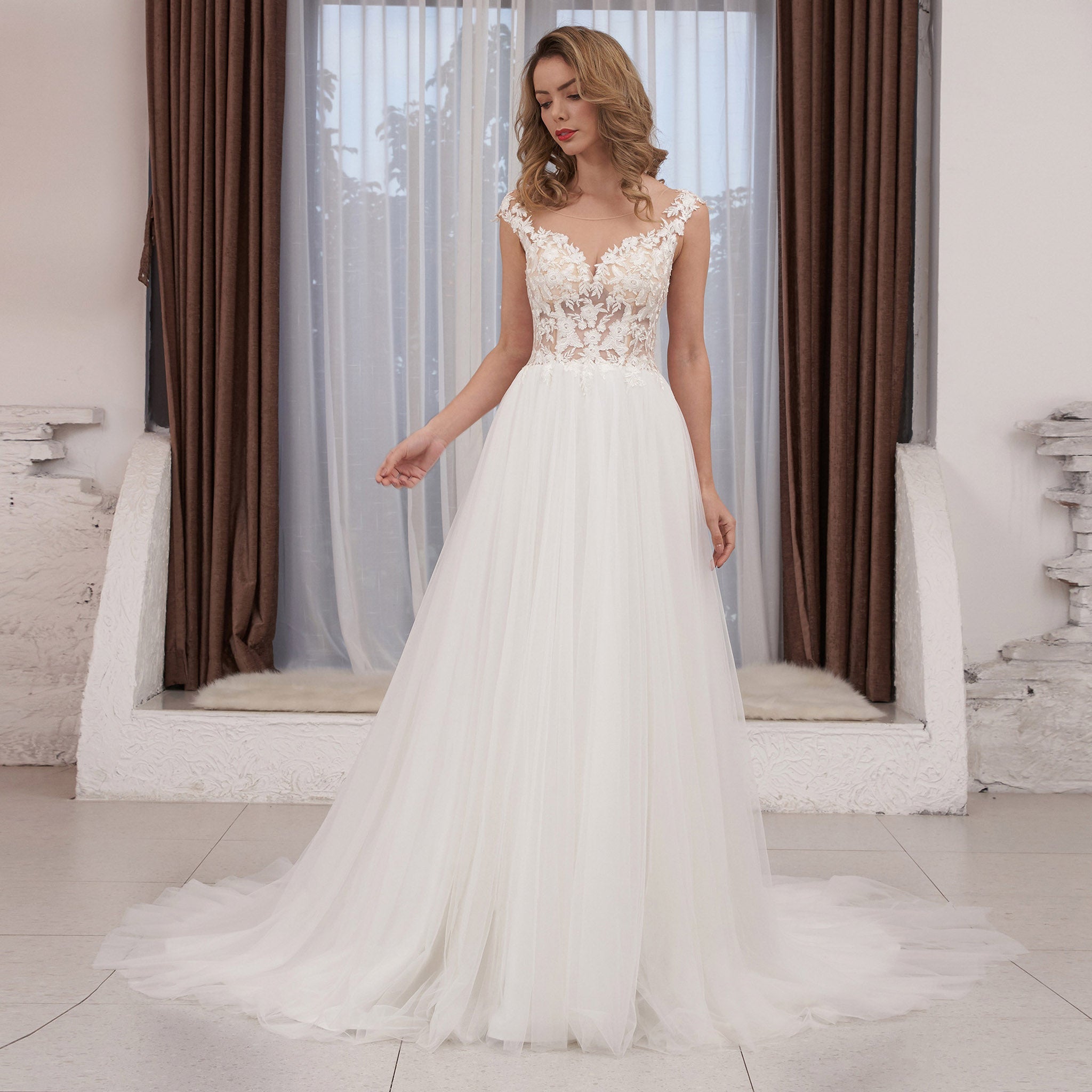 Cap Sleeve Floral Lace and Tulle A-line Wedding Dress Sheer Bodice - Rosymae