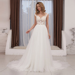 Cap Sleeve Floral Lace and Tulle A-line Wedding Dress Sheer Bodice - Rosymae