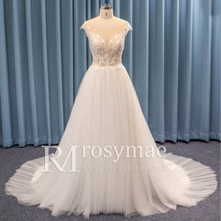 Cap Sleeve Floral Lace and Tulle A-line Wedding Dress Sheer Bodice - Rosymae