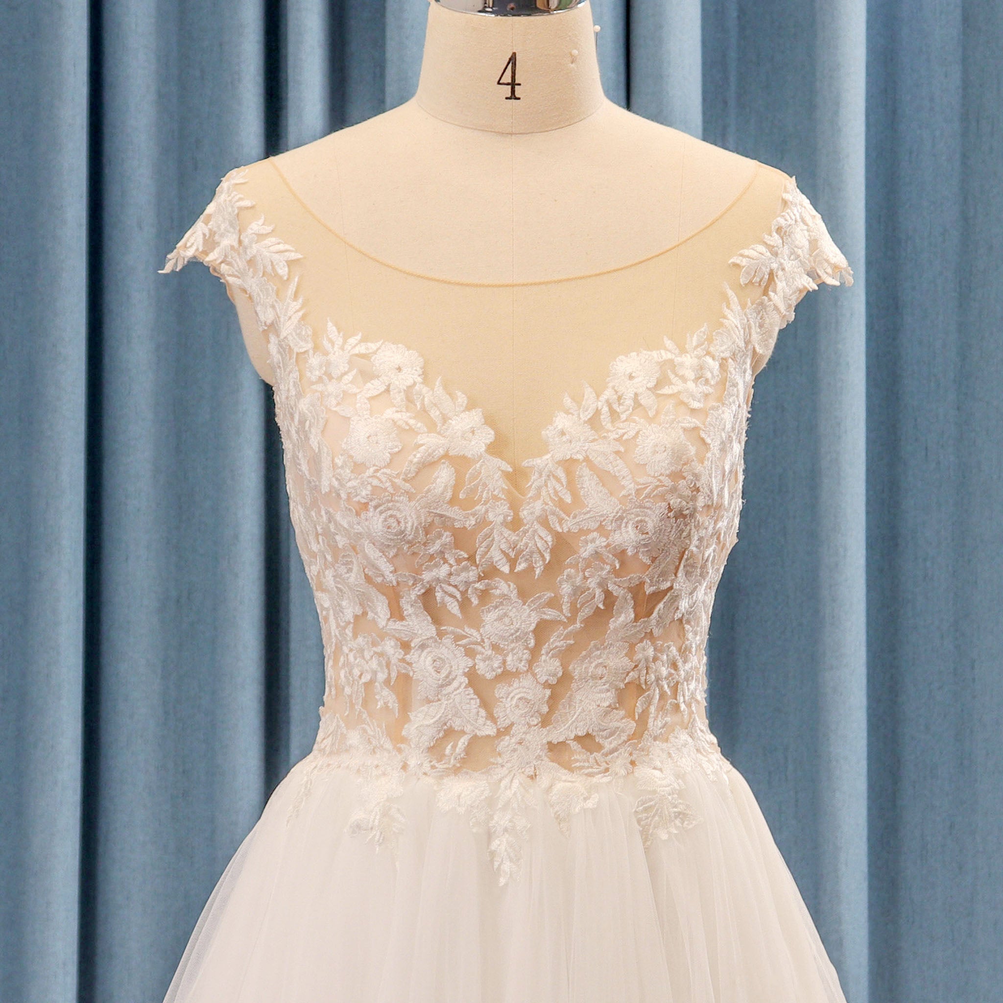 Cap Sleeve Floral Lace and Tulle A-line Wedding Dress Sheer Bodice - Rosymae