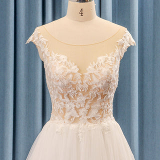 Cap Sleeve Floral Lace and Tulle A-line Wedding Dress Sheer Bodice - Rosymae