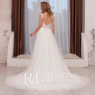 Cap Sleeve Floral Lace and Tulle A-line Wedding Dress Sheer Bodice - Rosymae