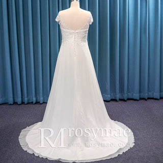 Capped Sleeve Chiffon and Lace Plus Size A-line Wedding dress