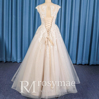 Vintage Cap Sleeve A-line Wedding Dress Sheer High Boat Neck