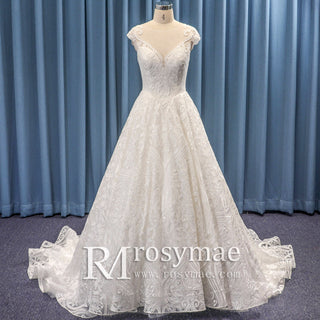 Sheer Neck Embroidered Lace A-Line Wedding Dress with Cap Sleeve