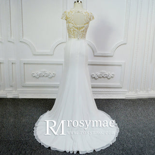 Capped Sleeve Boat Neck Bridal Gown Wedding Dress with Slit