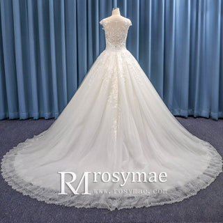 Capped Sleeves Sheer Neck Lace Tulle Ballgown Wedding Dress