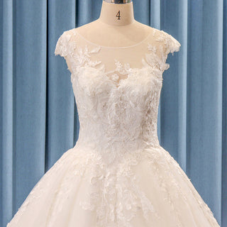 Capped Sleeves Sheer Neck Lace Tulle Ballgown Wedding Dress