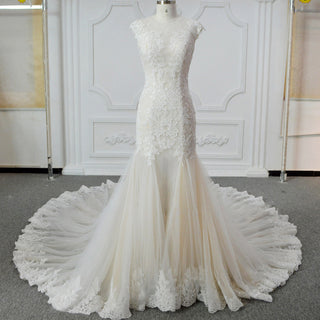 Sheer Turtle O-neck Capped Bridal Gown Trumpet Wedding Dress