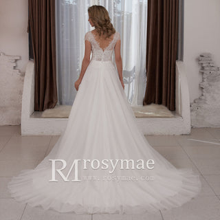 Capped Lightweight Lace Tulle A-line Wedding Dress Low Back