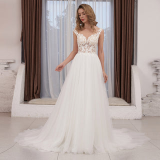 Cap Sleeve Floral Lace and Tulle A-line Wedding Dress Sheer Bodice