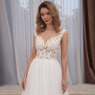 Cap Sleeve Floral Lace and Tulle A-line Wedding Dress Sheer Bodice