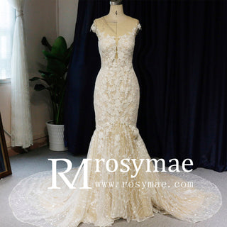 Cap-Sleeves Trumpet/Mermaid Appliques Garden/Outdoor Wedding Dress - Rosymae