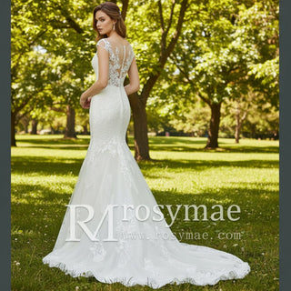 Cape Sleeve Floral Lace Mermaid Bridal Gown Wedding Dress - Rosymae