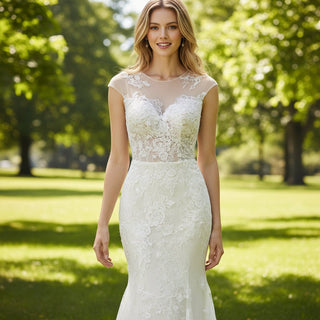 Cape Sleeve Floral Lace Mermaid Bridal Gown Wedding Dress - Rosymae