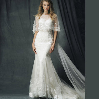 Cape Sleeve Floral Lace Mermaid Bridal Gown Wedding Dress