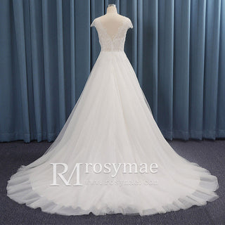 Capped Lightweight Lace Tulle A-line Wedding Dress Low Back - Rosymae