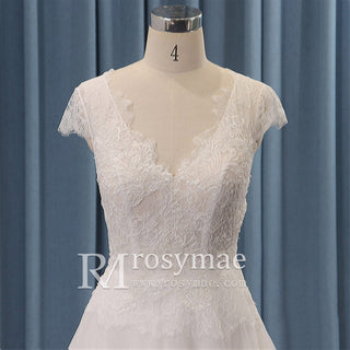 Capped Lightweight Lace Tulle A-line Wedding Dress Low Back - Rosymae