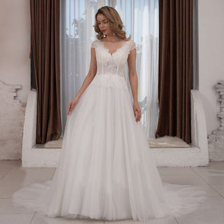Capped Lightweight Lace Tulle A-line Wedding Dress Low Back - Rosymae
