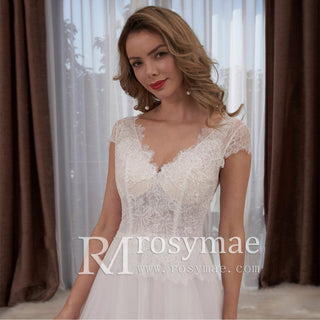 Capped Lightweight Lace Tulle A-line Wedding Dress Low Back - Rosymae