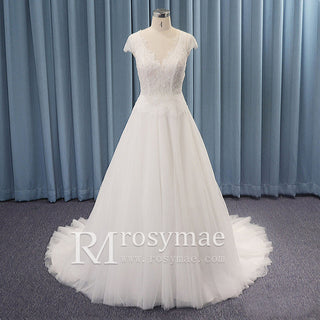 Capped Lightweight Lace Tulle A-line Wedding Dress Low Back - Rosymae