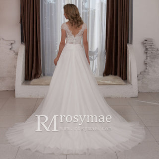 Capped Lightweight Lace Tulle A-line Wedding Dress Low Back - Rosymae