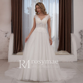 Capped Lightweight Lace Tulle A-line Wedding Dress Low Back - Rosymae