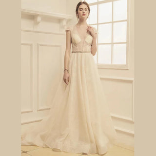 Plunging Deep V Neck A-Line Wedding Dress with Capped Sleeve