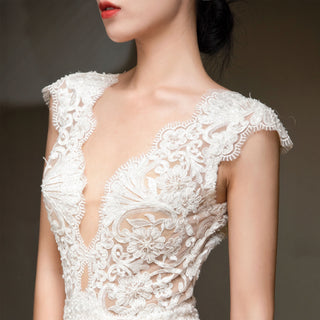Capped Sleeve Sheer Bodice Lace Tulle Mermaid Wedding Dress
