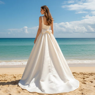 Capped Sleeve Overskirt Satin Wedding Dress with Leg Slit - Rosymae
