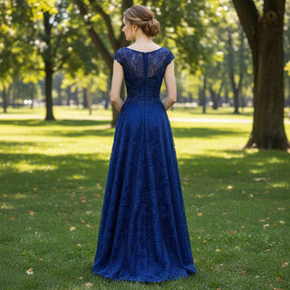 Capped Sleeve Royal Blue Lace Formal Gown Evening Party Dress - Rosymae