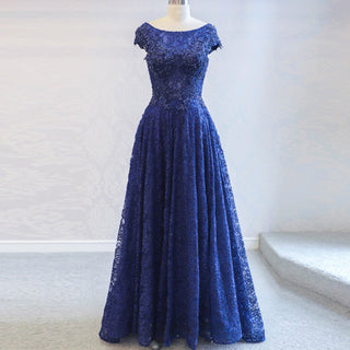 Capped Sleeve Royal Blue Lace Formal Gown Evening Party Dress