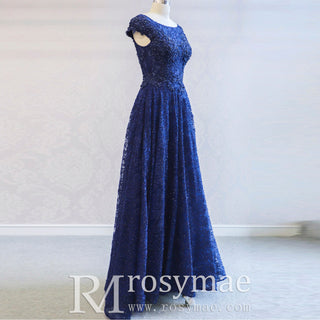 Capped Sleeve Royal Blue Lace Formal Gown Evening Party Dress