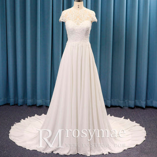 High Sheer O Neck Lace Chiffon A-line Bridal Gown Wedding Dress