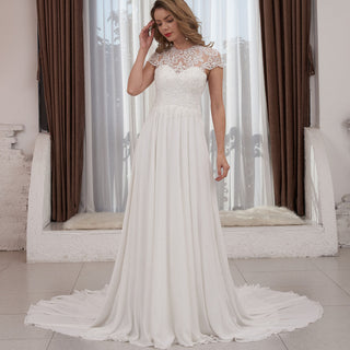 High Sheer O Neck Lace Chiffon A-line Bridal Gown Wedding Dress