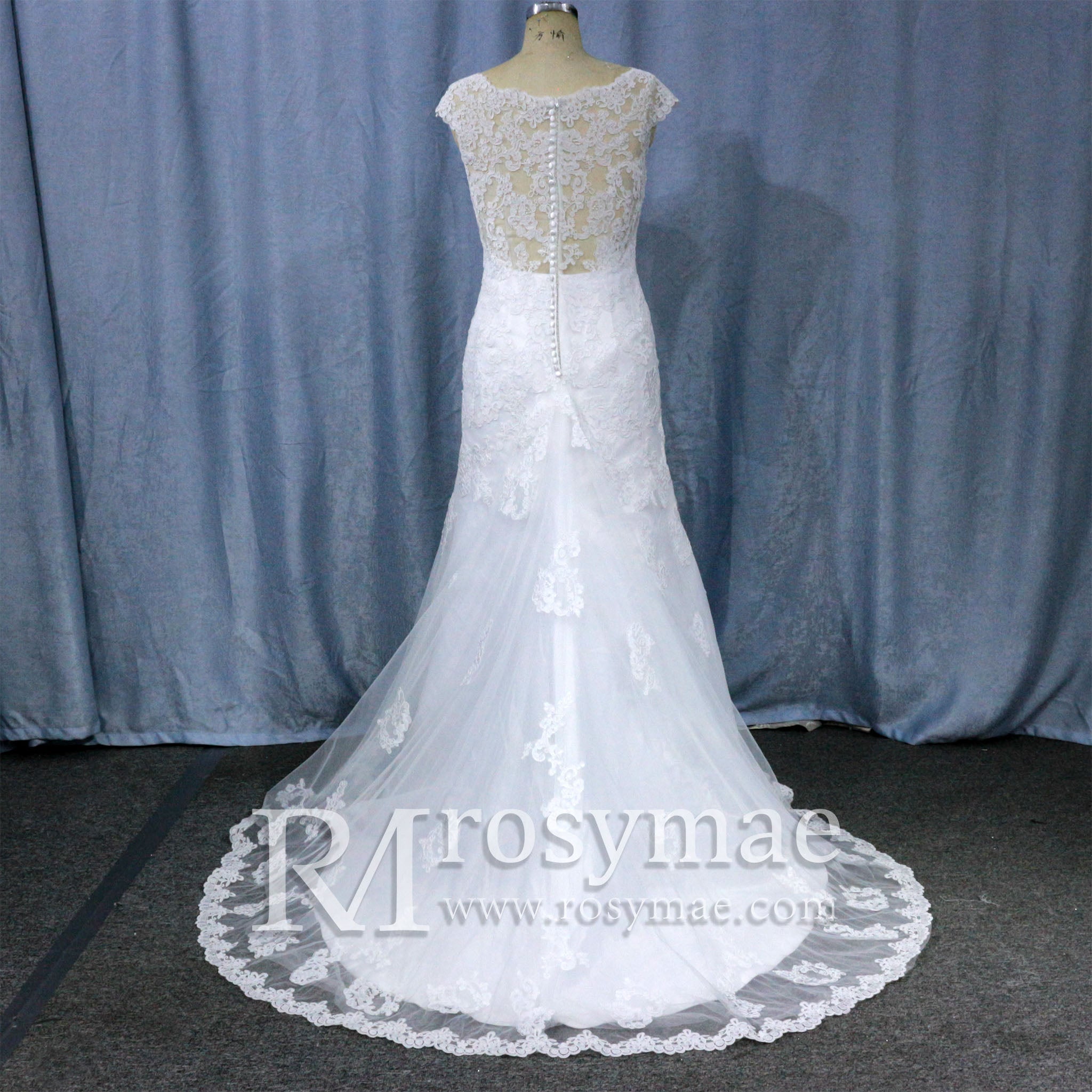 Capped Sleeve Trumpet Lace Applique Bridal Wedding Dress - Rosymae