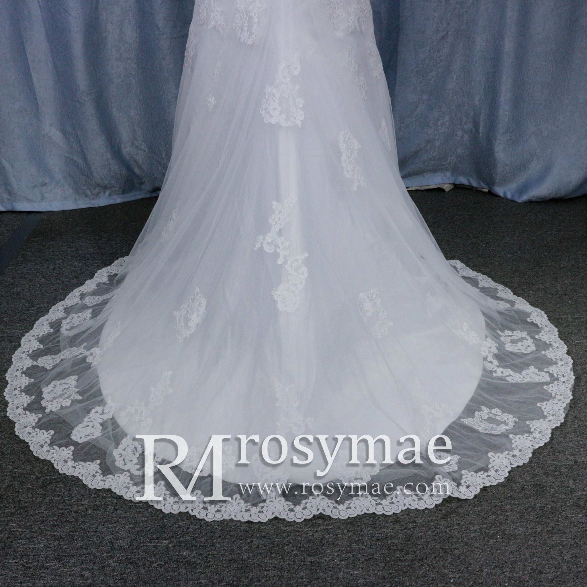 Capped Sleeve Trumpet Lace Applique Bridal Wedding Dress - Rosymae