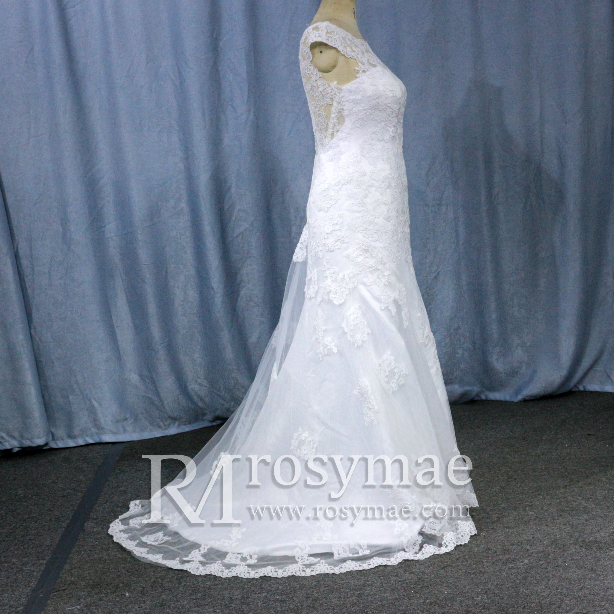 Capped Sleeve Trumpet Lace Applique Bridal Wedding Dress - Rosymae