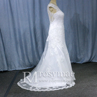 Capped Sleeve Trumpet Lace Applique Bridal Wedding Dress - Rosymae