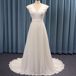 Capped Sleeve V-neck Floral Lace Chiffon A-line Wedding Dress