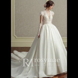 Keyhole Plunging Neckline Wedding Dress with Capped Sleeves
